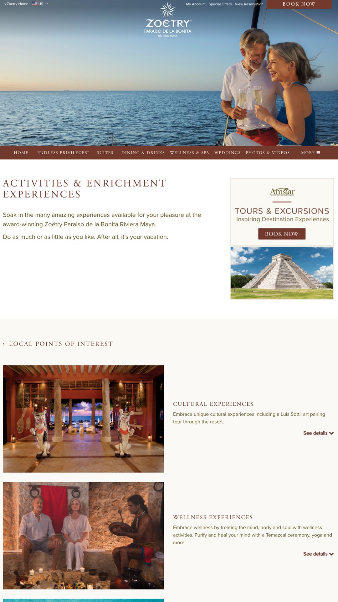 Zoetry Resorts activities and excursions webpage