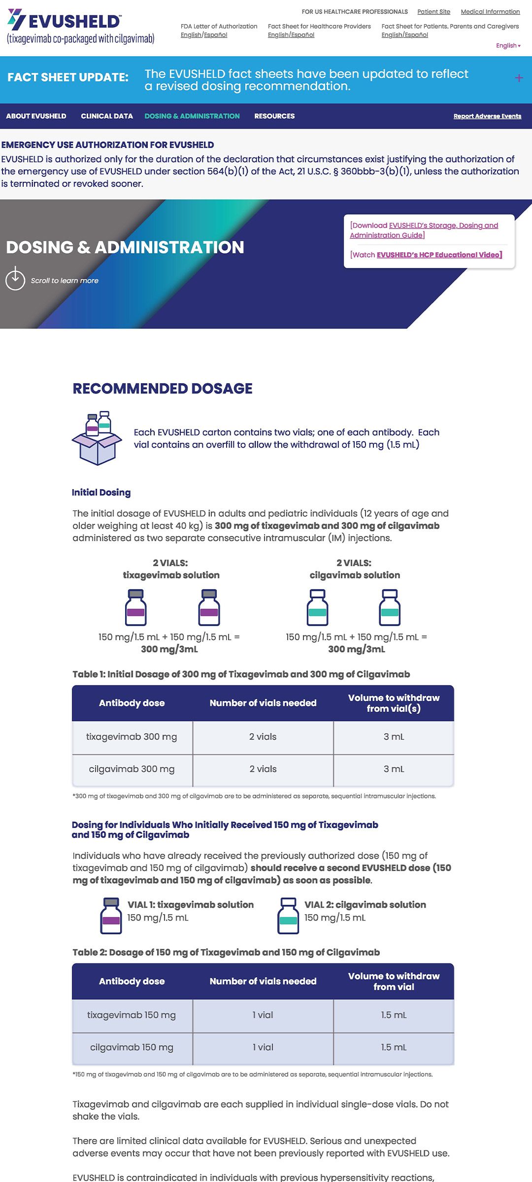 Evusheld HCP Dosing webpage