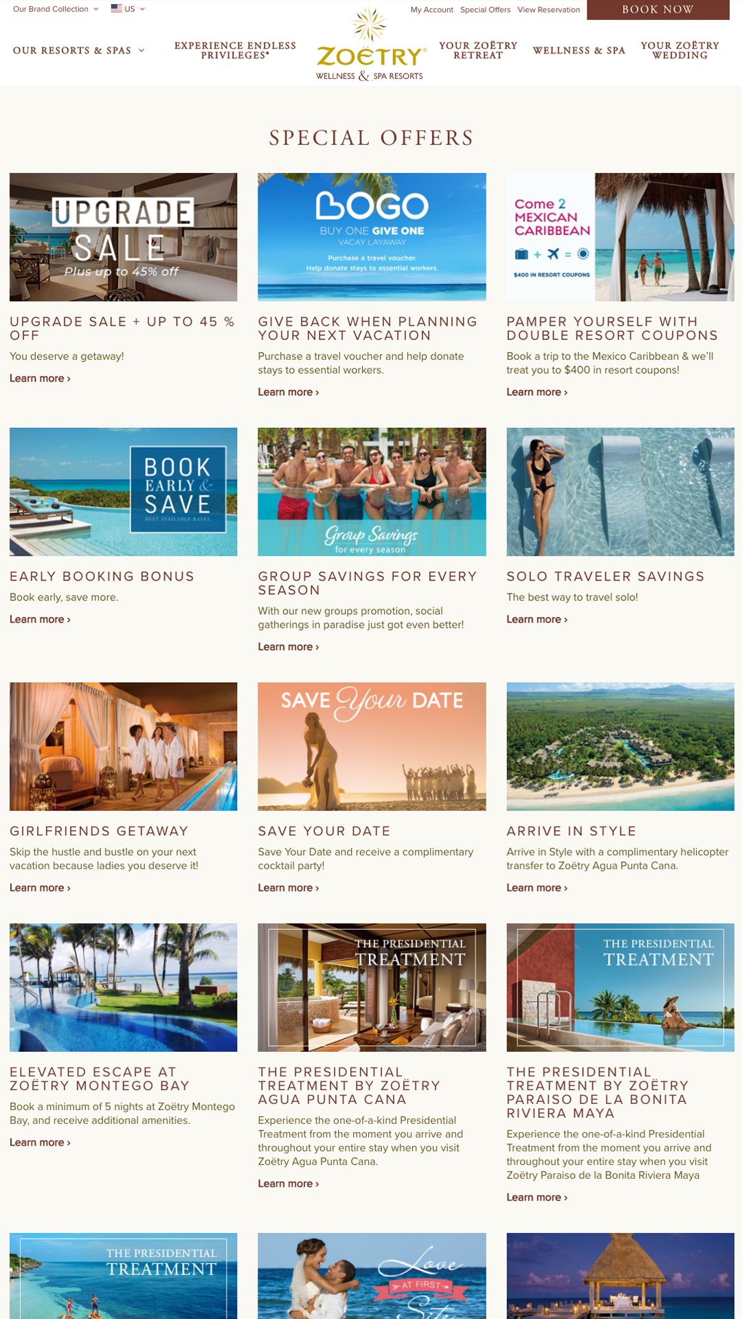 Zoetry Resorts special offers webpage