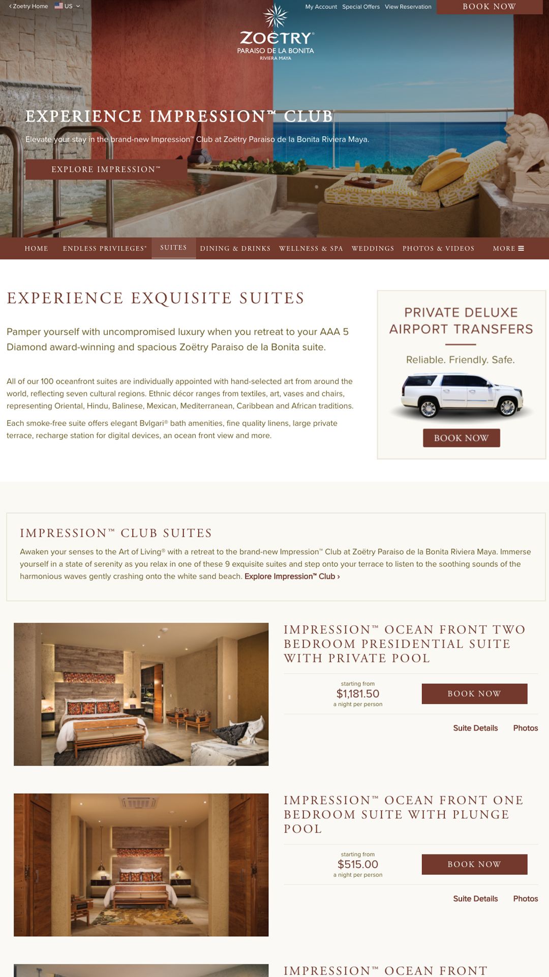 Zoetry Resorts rooms and suites webpage