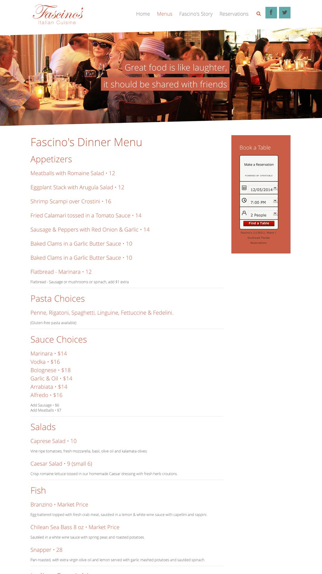 Fascinos Restaurant dinner webpage