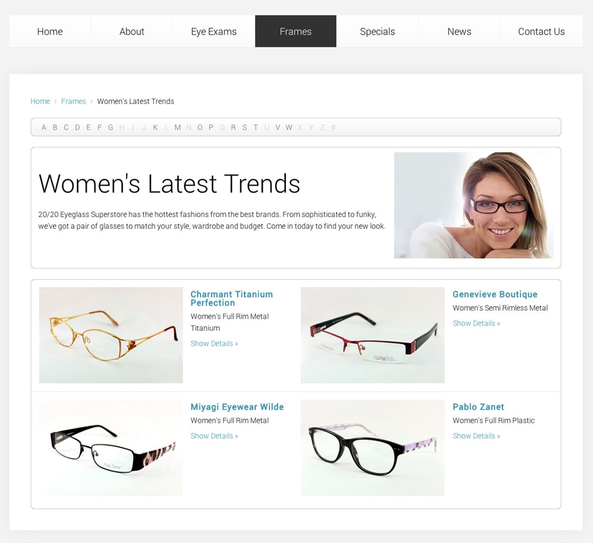 20/20 Eyeglass Superstore category webpage