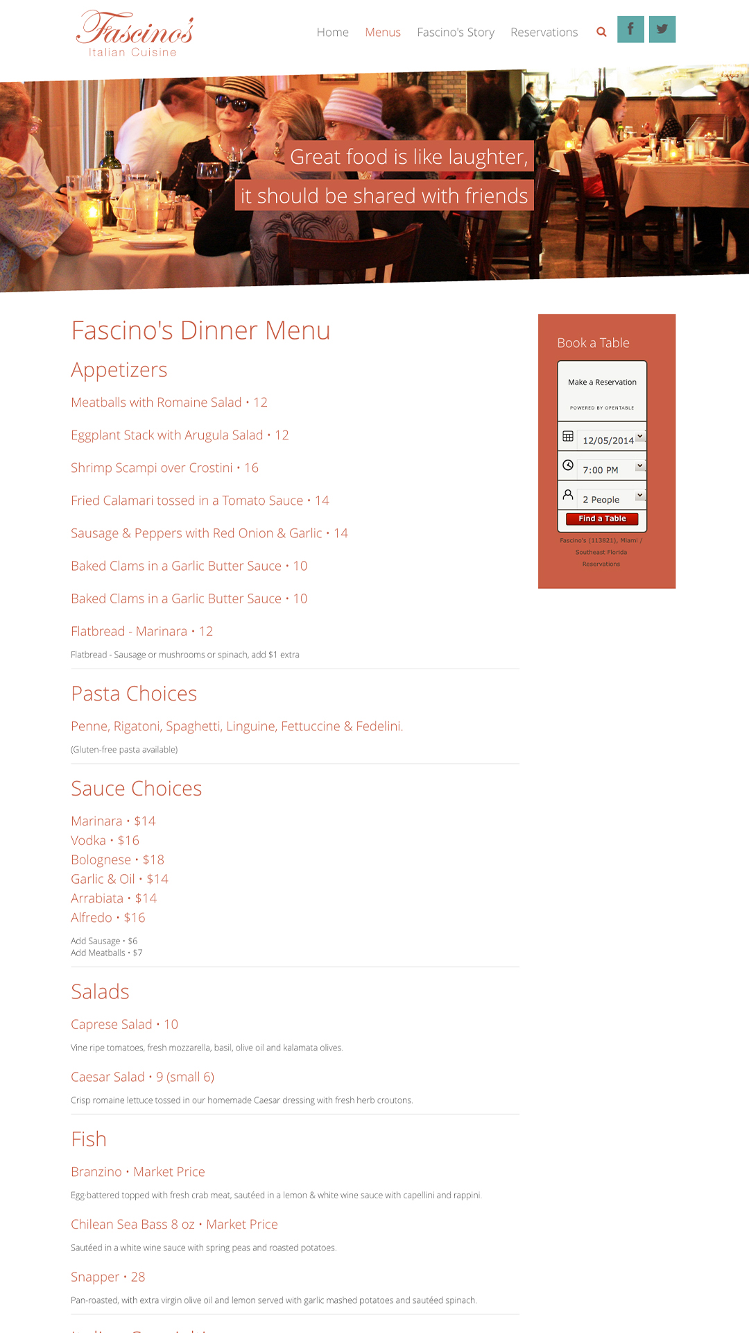 Fascinos Restaurant dinner webpage